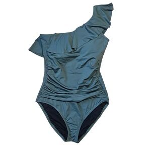 Womens Dark Green One Piece Swimsuit Ruched Modest Feminine Minimal Size 8 NWT